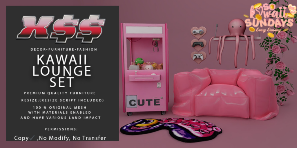 Kawaii Lounge Decor Set	&lt;a href=&quot;http://maps.secondlife.com/secondlife/Tender%20Love/164/160/1162&quot; target=&quot;_blank&quot;&gt;Teleport&lt;/a&gt;