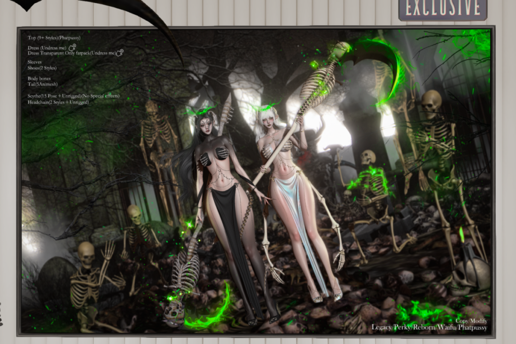 Shinigami Top, Dress, Sleeves/Shoes and Headchain/Scythe - Legacy/Reborn/+mods, L$359 each/L$699-L$1399 each FP/L$3300 MP