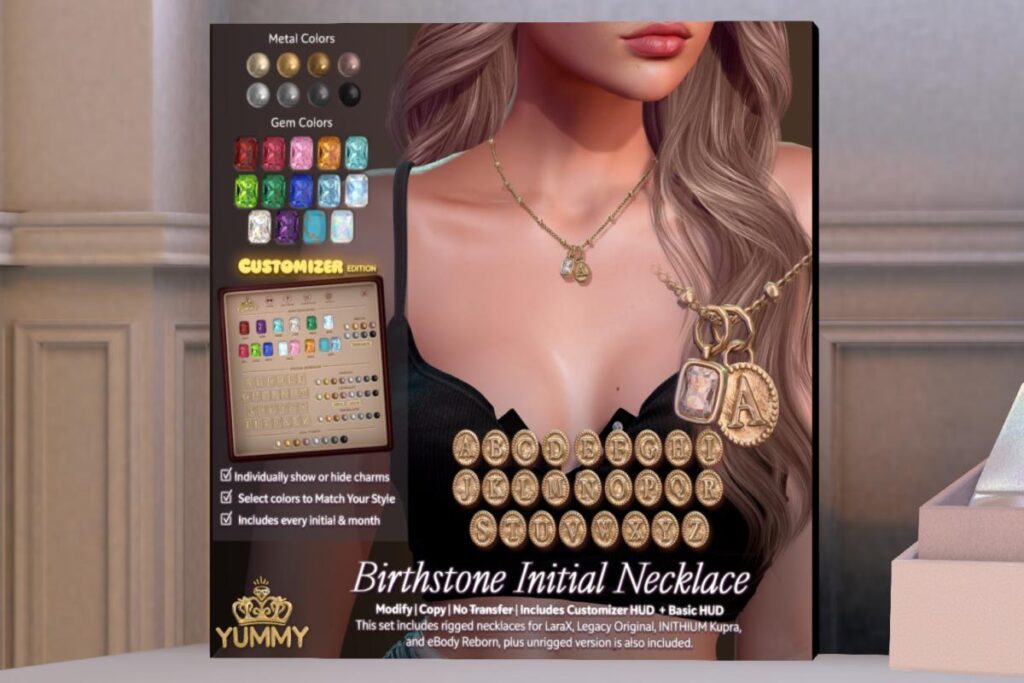 Birthstone Initial Necklace - Inithium/Legacy/MaitreyaX/Reborn , L$488
