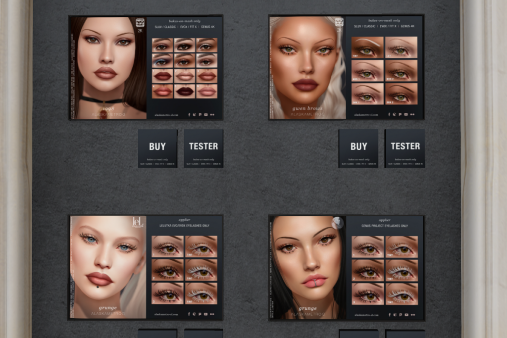 1998 Makeup - EvoX/Genus/SLUV, L$200 | Gwen Thin Eyebrows - EvoX/Genus/SLUV, L$125 | Grunge Lashes - EvoX, L$125 | Grunge Lashes - Genus, L$125