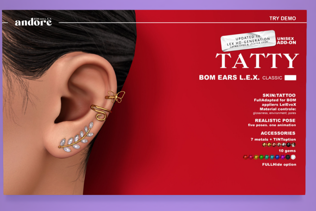 Tatty - Lex Classic Ears	&lt;a href=&quot;http://maps.secondlife.com/secondlife/Clair%20Obscur/132/47/23&quot; target=&quot;_blank&quot;&gt;Teleport&lt;/a&gt;
