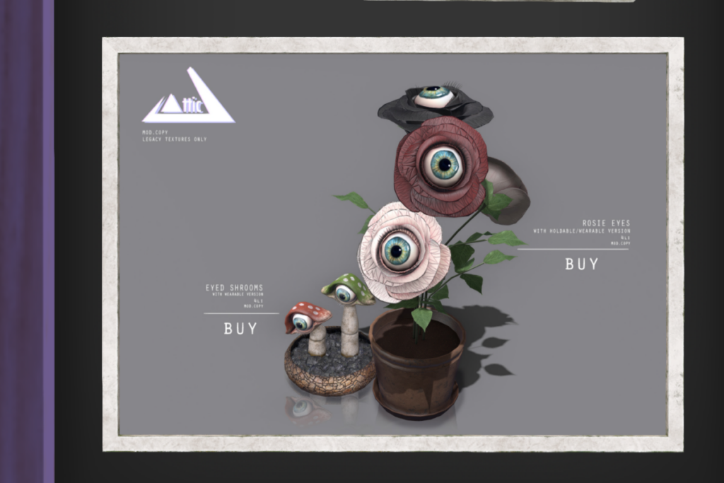 Potted Rosie Eyes, L$200 | Eyed Shrooms, L$150