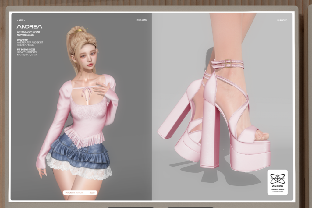 Andrea Top, Skirt and Heels - Legacy/Maitreya/Reborn/+mods, L$259 each/L$1000 each FP/L$2599 MP