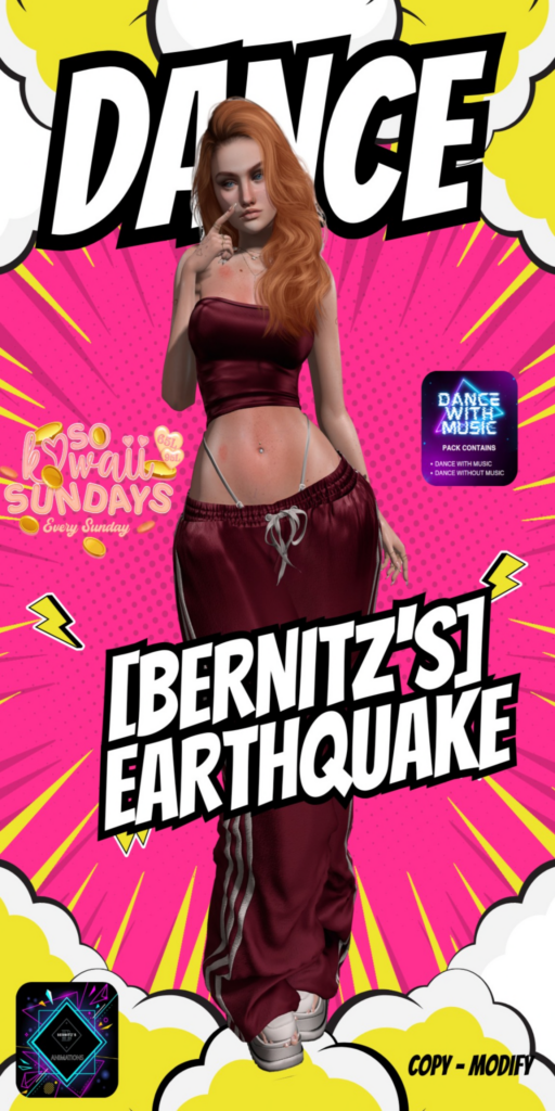 Earthquake Dance Animations	&lt;a href=&quot;http://maps.secondlife.com/secondlife/Gauguin/11/94/4049&quot; target=&quot;_blank&quot;&gt;Teleport&lt;/a&gt;