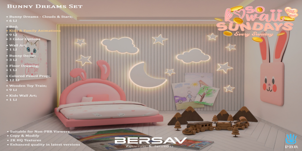 Bunny Dreams Decor Set	&lt;a href=&quot;http://maps.secondlife.com/secondlife/Abode/101/19/22&quot; target=&quot;_blank&quot;&gt;Teleport&lt;/a&gt;