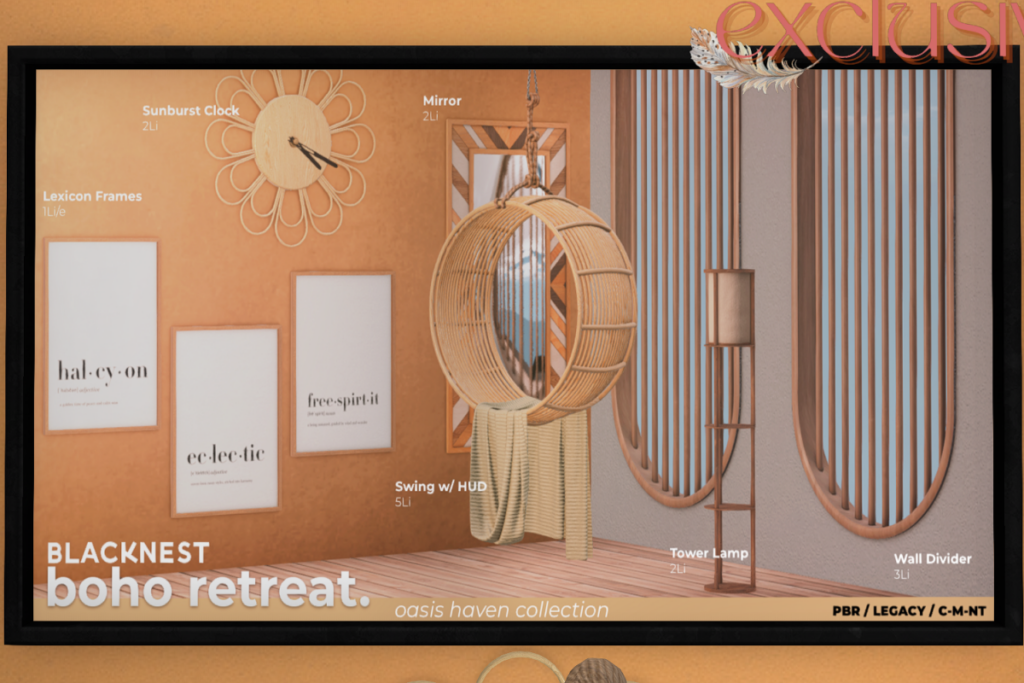 Boho Retreat Oasis Haven Collection, L$99-L$499 each/L$699 PG FP/L$899 Adult FP