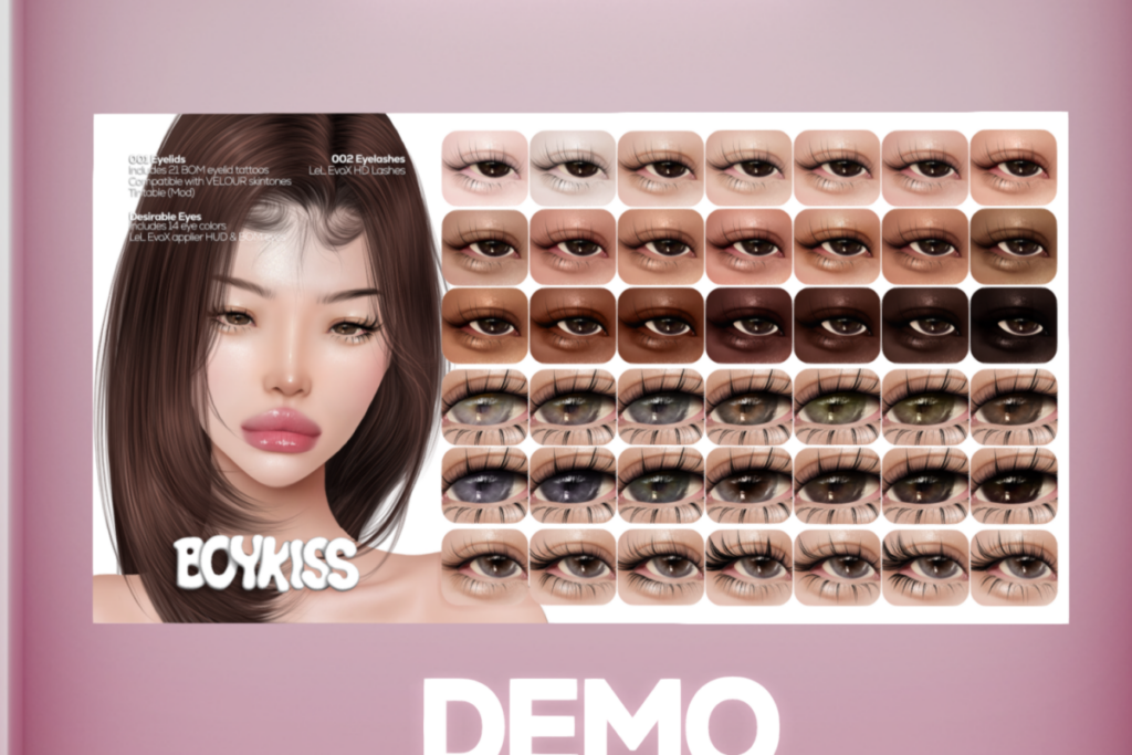 001 Eyelids, 002 Eyelashes, &amp; Desire Eyes - Bom/EvoX, L$200 each