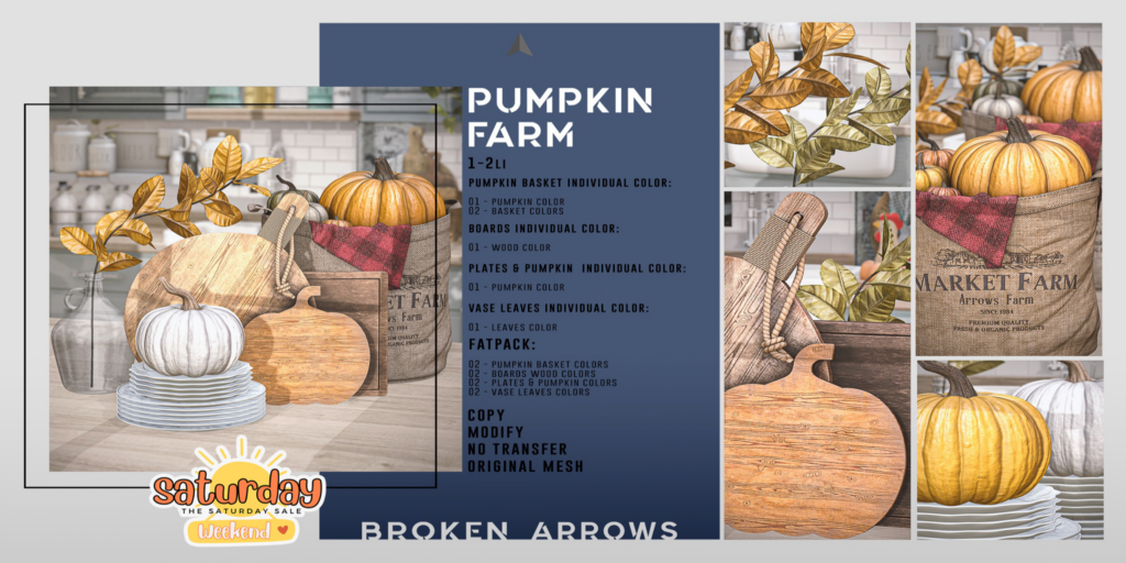Pumpkin Farm Decor Set	&lt;a href=&quot;http://maps.secondlife.com/secondlife/AM%20corporate/91/81/1508&quot; target=&quot;_blank&quot;&gt;Teleport&lt;/a&gt;