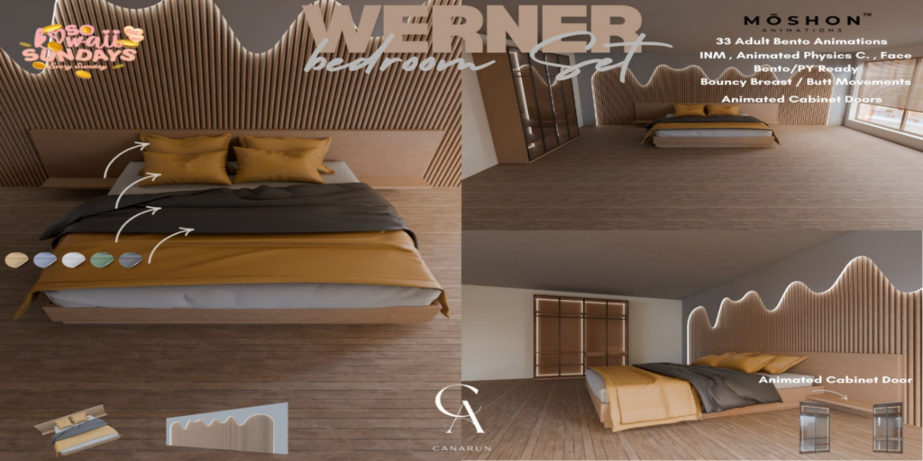 Werner Bedroom Decor Set	&lt;a href=&quot;http://maps.secondlife.com/secondlife/Canarun/241/130/24&quot; target=&quot;_blank&quot;&gt;Teleport&lt;/a&gt;
