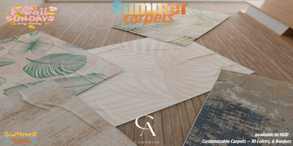 Summer Carpets	&lt;a href=&quot;http://maps.secondlife.com/secondlife/Canarun/241/130/24&quot; target=&quot;_blank&quot;&gt;Teleport&lt;/a&gt;