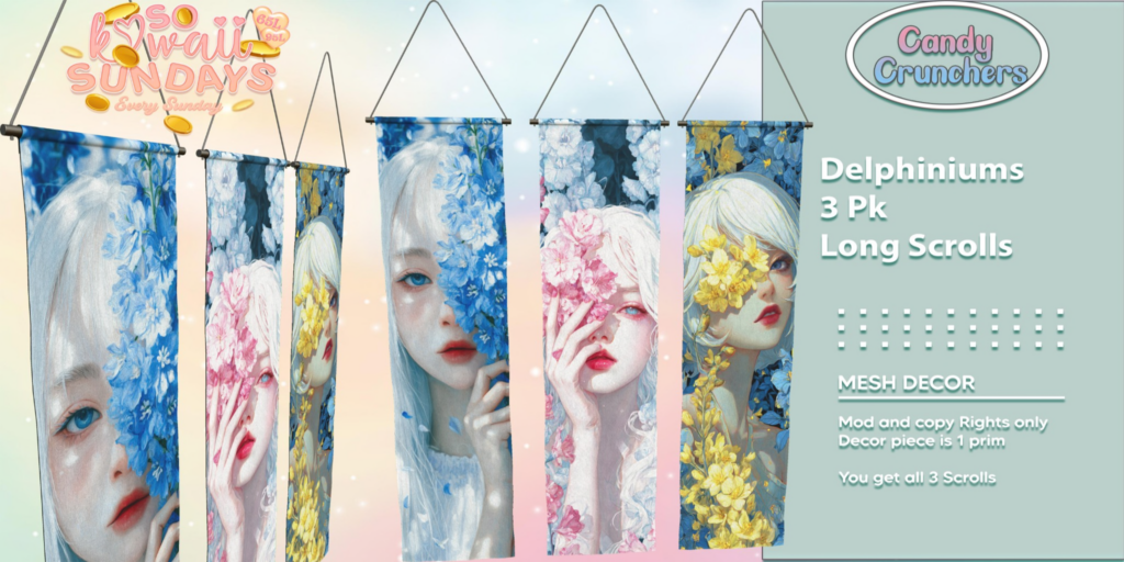 Delphiniums Long Scroll Decor	&lt;a href=&quot;http://maps.secondlife.com/secondlife/New%20Days/207/208/2001&quot; target=&quot;_blank&quot;&gt;Teleport&lt;/a&gt;