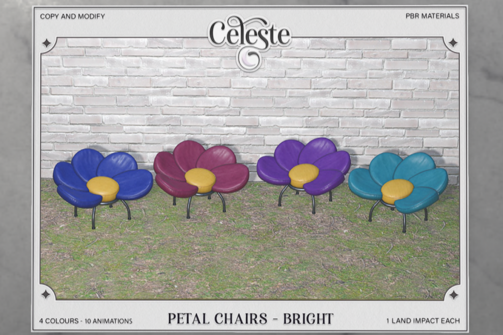 Petal Chairs Brights	&lt;a href=&quot;http://maps.secondlife.com/secondlife/WideWorld%20Amethysta/55/203/23&quot; target=&quot;_blank&quot;&gt;Teleport&lt;/a&gt;