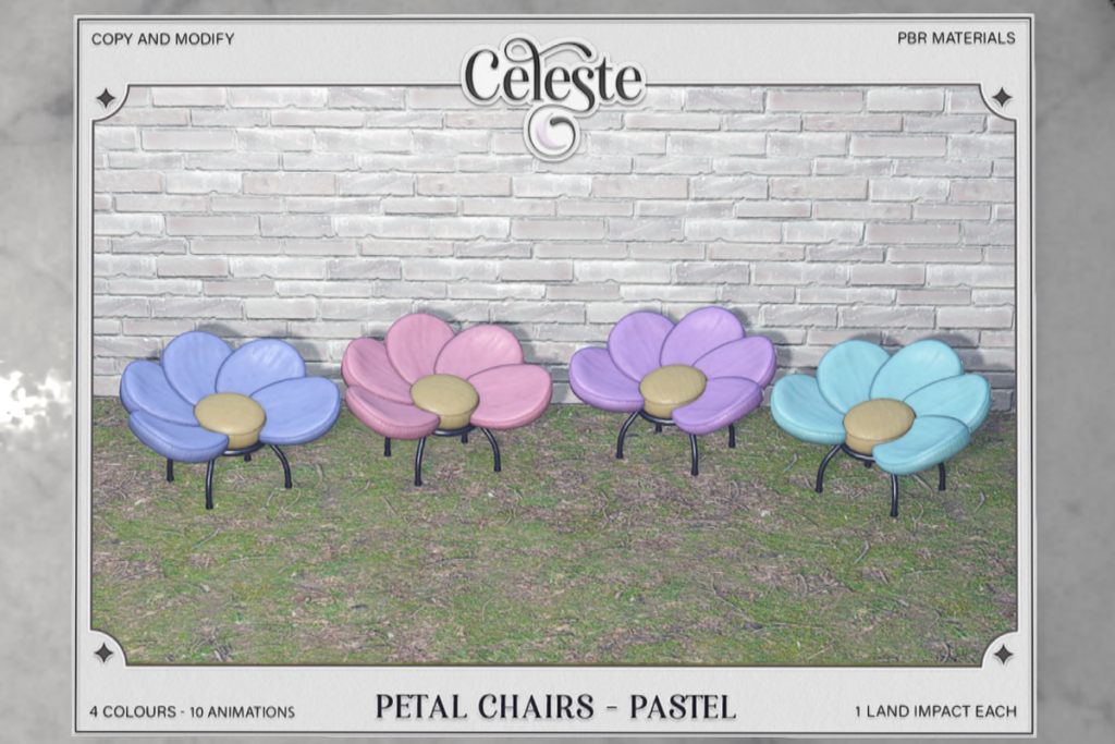 Petal Chairs Pastel	&lt;a href=&quot;http://maps.secondlife.com/secondlife/WideWorld%20Amethysta/55/203/23&quot; target=&quot;_blank&quot;&gt;Teleport&lt;/a&gt;