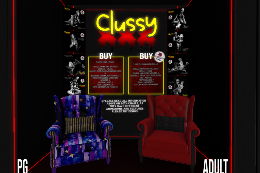 Various Poses, L$150-L$250 each | Clussy Cuddle Chair, L$765 | Clussy&#039;s Clownin Adult Chair, L$1000