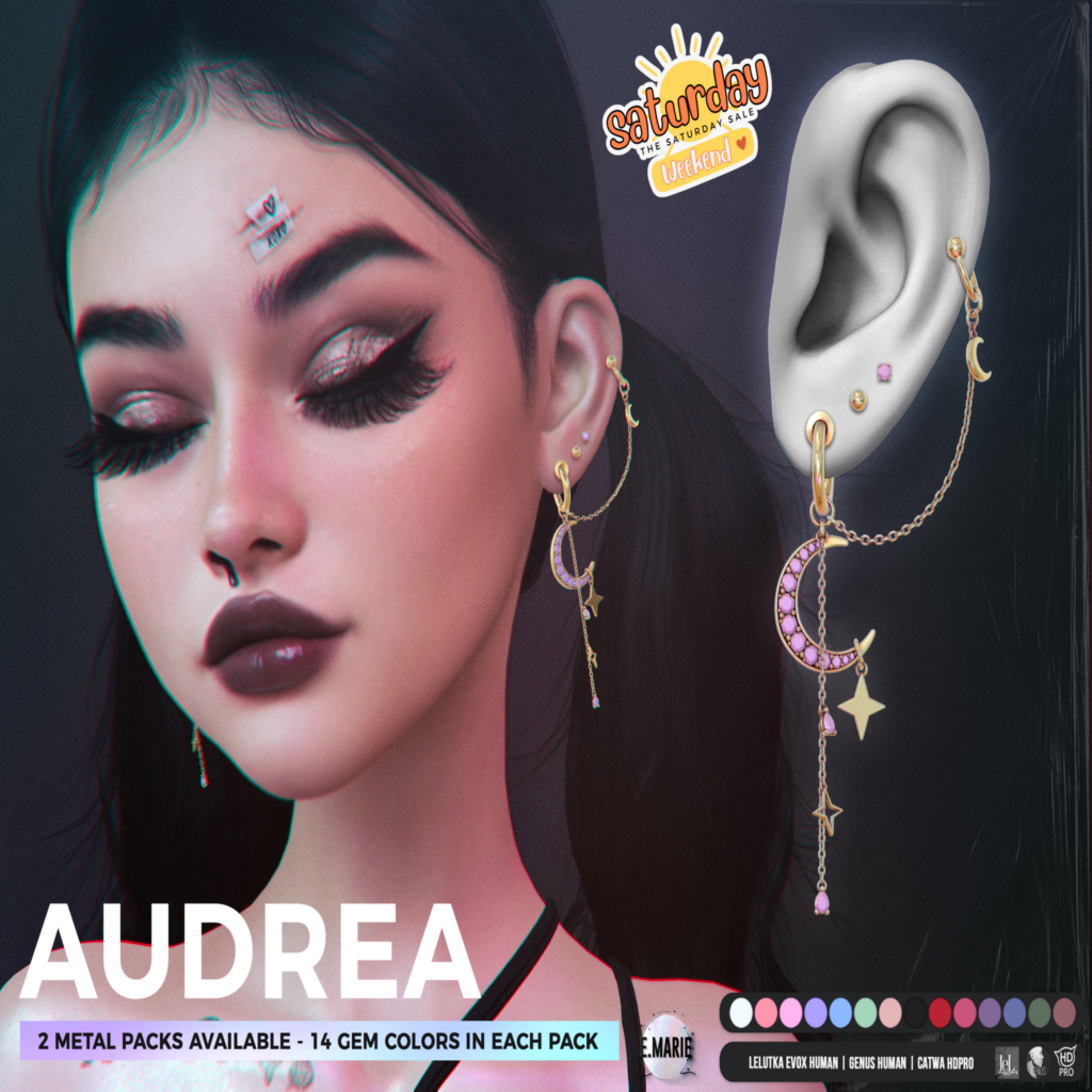 Audrea Earrings - Catwa/EvoX Human/Genus Human	&lt;a href=&quot;http://maps.secondlife.com/secondlife/xoxo/87/128/41&quot; target=&quot;_blank&quot;&gt;Teleport&lt;/a&gt;