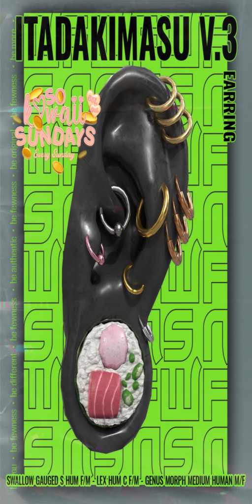 Itadakimasu V3 Earrings - Swallow Gauged S M+F Human/Lex Human M+F/Genus Morph Medium Human M+F	&lt;a href=&quot;http://maps.secondlife.com/secondlife/Moonstar/141/89/43&quot; target=&quot;_blank&quot;&gt;Teleport&lt;/a&gt;