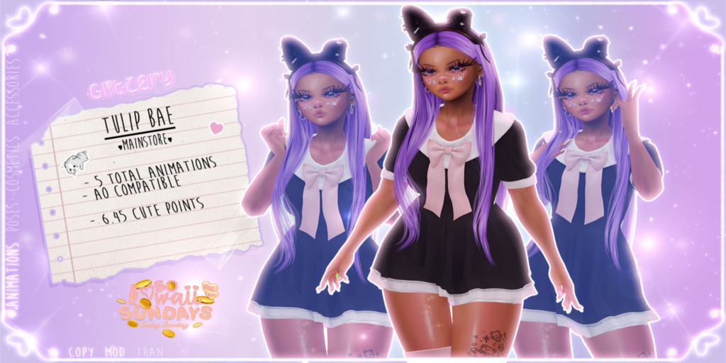 Tulip Bae Animations	&lt;a href=&quot;http://maps.secondlife.com/secondlife/Universa/51/92/3751&quot; target=&quot;_blank&quot;&gt;Teleport&lt;/a&gt;