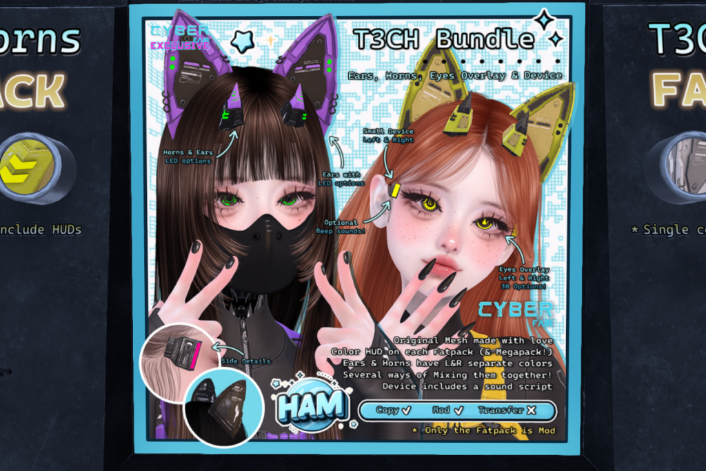 T3CH Ears, L$199 each | T3XH Horns, L$199 each | Eyes Overlay &amp; Device, L$299