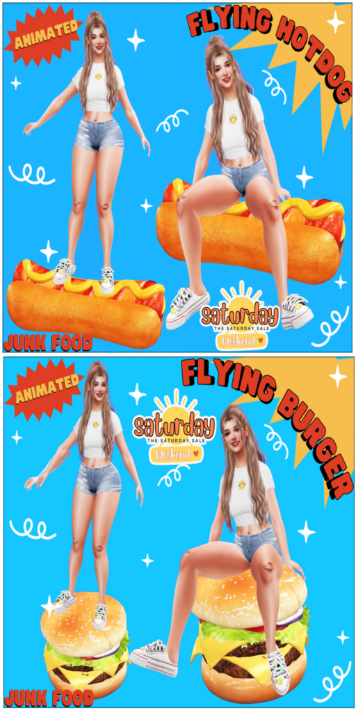 Flying Hotdog &amp; Flying Burger Rideable Vehicles	&lt;a href=&quot;http://maps.secondlife.com/secondlife/Junk%20Food/192/80/36&quot; target=&quot;_blank&quot;&gt;Teleport&lt;/a&gt;
