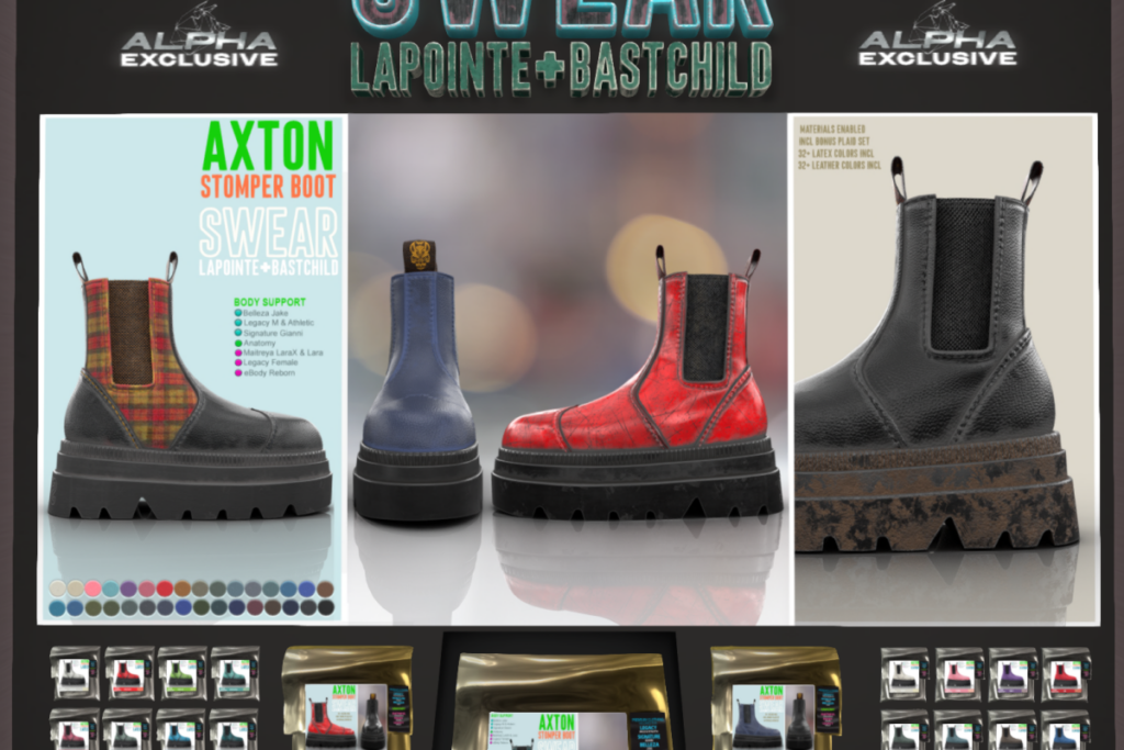 Axton Stomper Boots - Anatomy/Gianni/Jake/Legacy F+M/Maitreya/Reborn/+mods, L$299 each/L$899 each mini pack/L$999 FP
