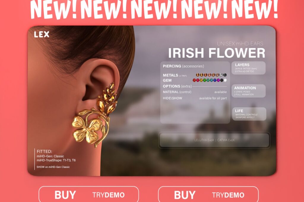 Irish Flower Earrings - Lex miHD Ears, L$50 each