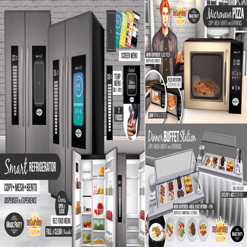 Smart Refrigerator, Microwave Pizza, &amp; Dinner Buffet Station Decor Sets	&lt;a href=&quot;http://maps.secondlife.com/secondlife/Amber%20Cove/188/242/25&quot; target=&quot;_blank&quot;&gt;Teleport&lt;/a&gt;
