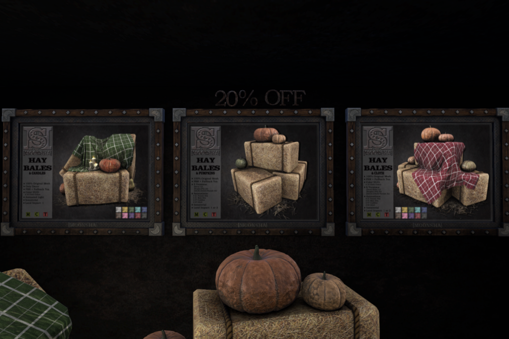 Hay Bales &amp; Candles, L$208 | Hay Bales &amp; Pumpkins, L$360 | Hay Bales &amp; Cloth, L$400