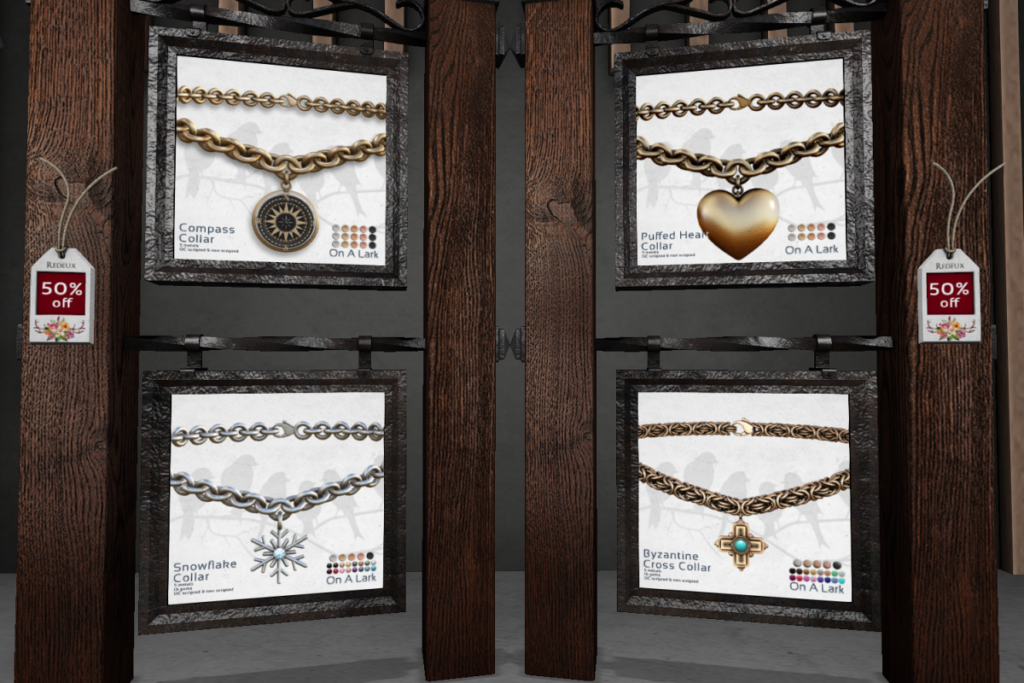 Compass Collar, Puffed Heart Collar, Snowflake Collar, and Byzantine Cross Collar, L$200 each