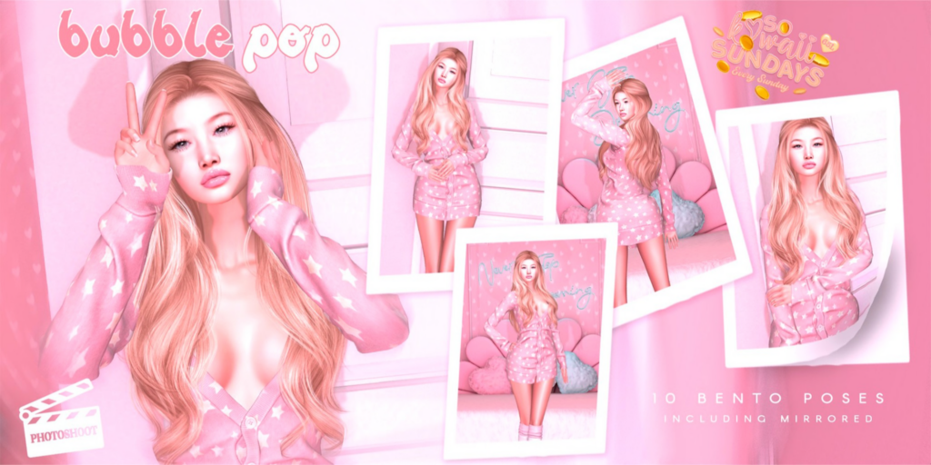 Bubble Pop Poses	&lt;a href=&quot;http://maps.secondlife.com/secondlife/VELOUR/206/205/1966&quot; target=&quot;_blank&quot;&gt;Teleport&lt;/a&gt;