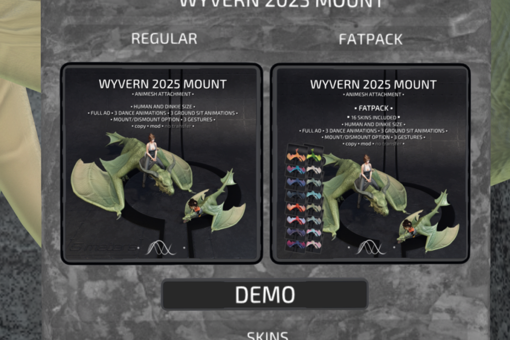 Wyvern Mount, L$1100 | Wyvern Skins, L$180 each/L$2500 FP