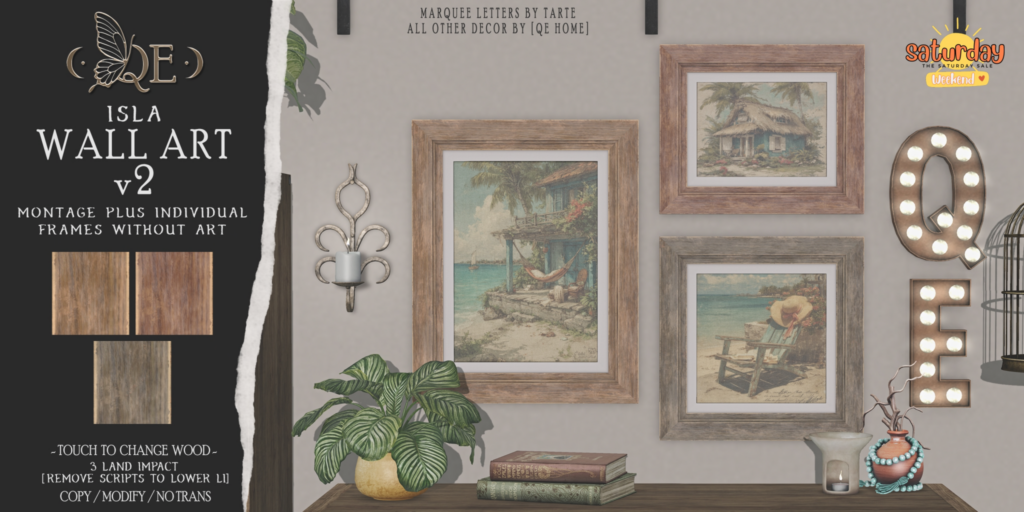 Isla Wall Art V2 Decor Set	&lt;a href=&quot;http://maps.secondlife.com/secondlife/Elmira/68/126/26&quot; target=&quot;_blank&quot;&gt;Teleport&lt;/a&gt;
