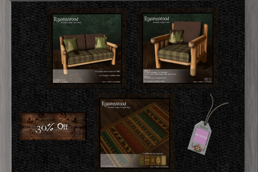 Ursidae Lodge Love Seat, L$471 | Ursidae Lodge Chair, L$455 | Ursidae Lodge Fringed Rug, L$137