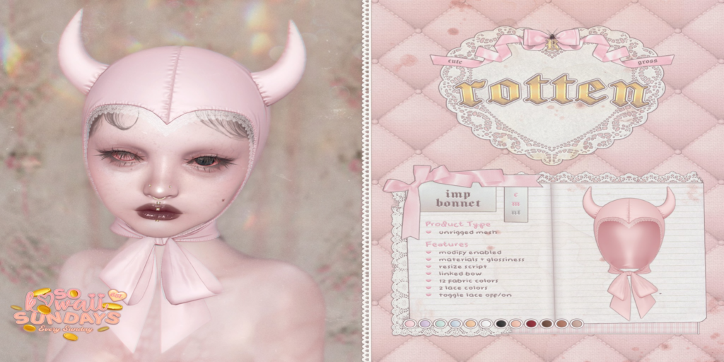 Imp Bonnet	&lt;a href=&quot;https://maps.secondlife.com/secondlife/Meringue/190/38/667&quot; target=&quot;_blank&quot;&gt;Teleport&lt;/a&gt;