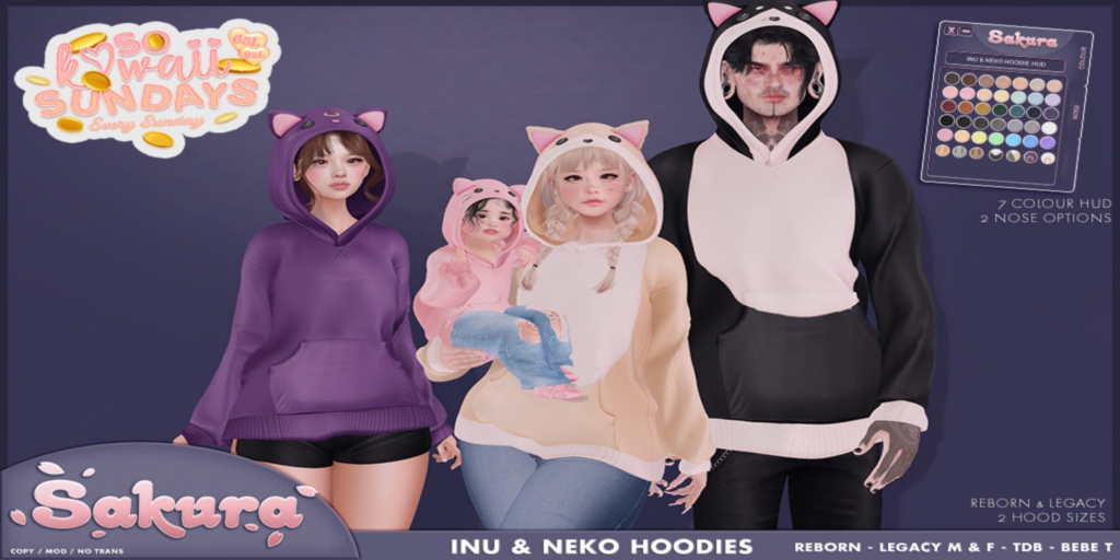 Inu &amp; Neko Hoodies - Bebe Toddler/Legacy M+F/Reborn/Toodledoo	&lt;a href=&quot;http://maps.secondlife.com/secondlife/Domain/122/106/26&quot; target=&quot;_blank&quot;&gt;Teleport&lt;/a&gt;