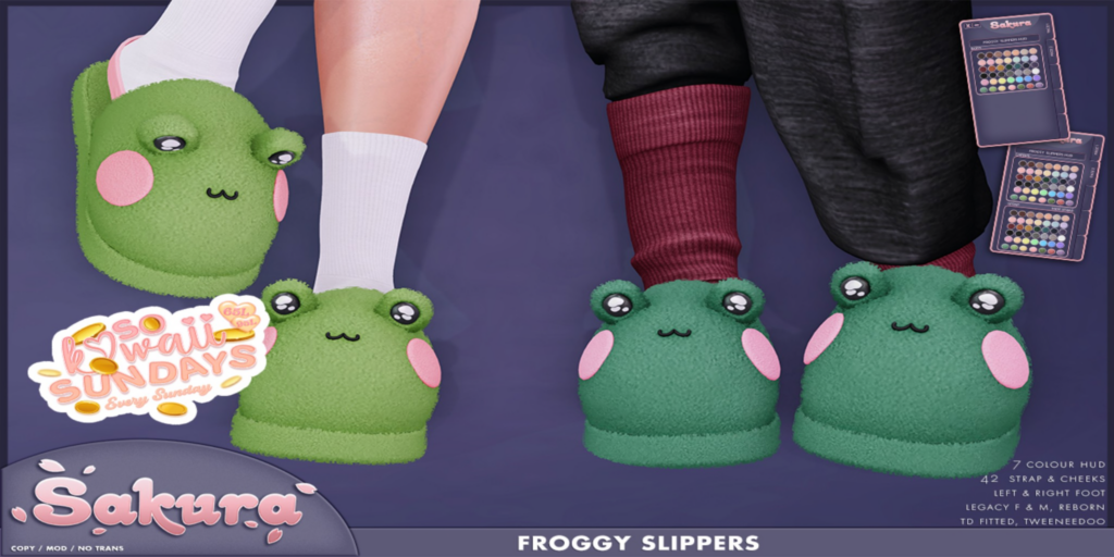 Froggy Slippers - see ad for fits	&lt;a href=&quot;http://maps.secondlife.com/secondlife/Domain/122/106/26&quot; target=&quot;_blank&quot;&gt;Teleport&lt;/a&gt;