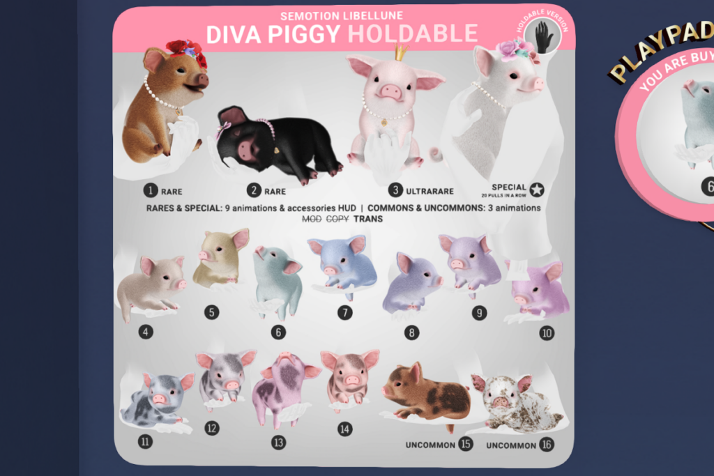 Diva Piggy Holdable, L$89 per play/L$189 each