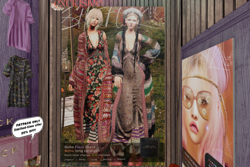 Boho Fleur Dress and Long Cardigan - Legacy/MaitreyaX/Reborn/+mods, L$240-L$260 each/L$820-$1190 each FP