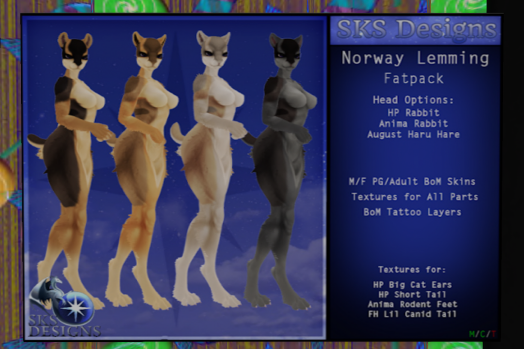 Norway Lemmings - BOM Modkit for HP Anima Rodent Feet/Big Cat Ears/HP Short Tail/FH L11 Canid Tail, L$400 each/L$1400 FP