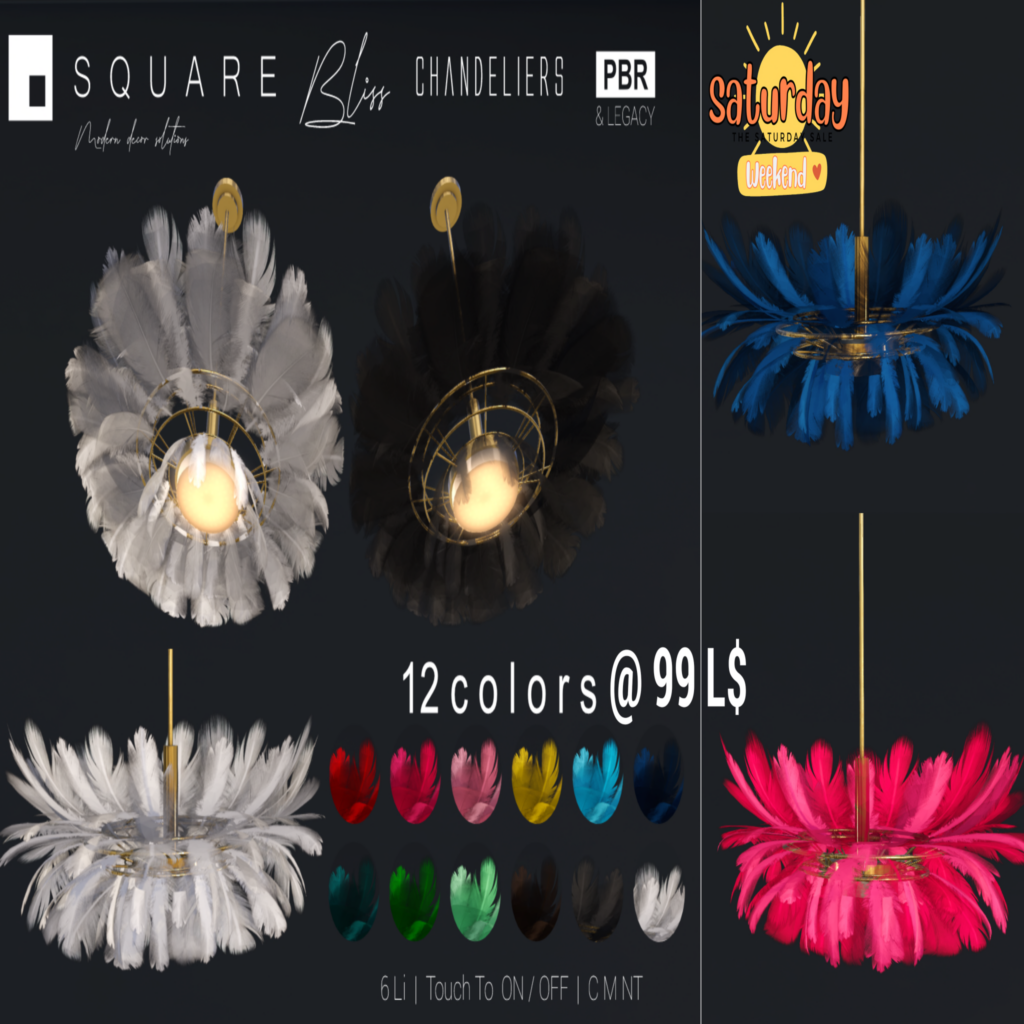Bliss Chandeliers	&lt;a href=&quot;http://maps.secondlife.com/secondlife/Pandoro/179/89/3497&quot; target=&quot;_blank&quot;&gt;Teleport&lt;/a&gt;