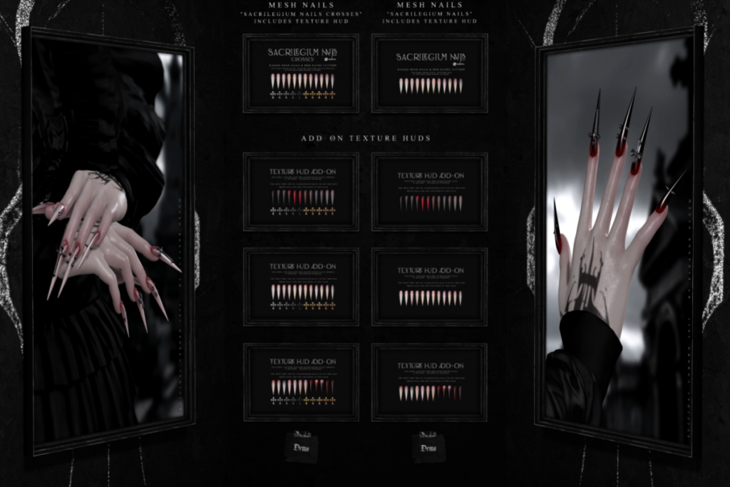 Sacrilegium Nails - Reborn, L$380-L$480 each | Texture Add-Ons, L$350 each
