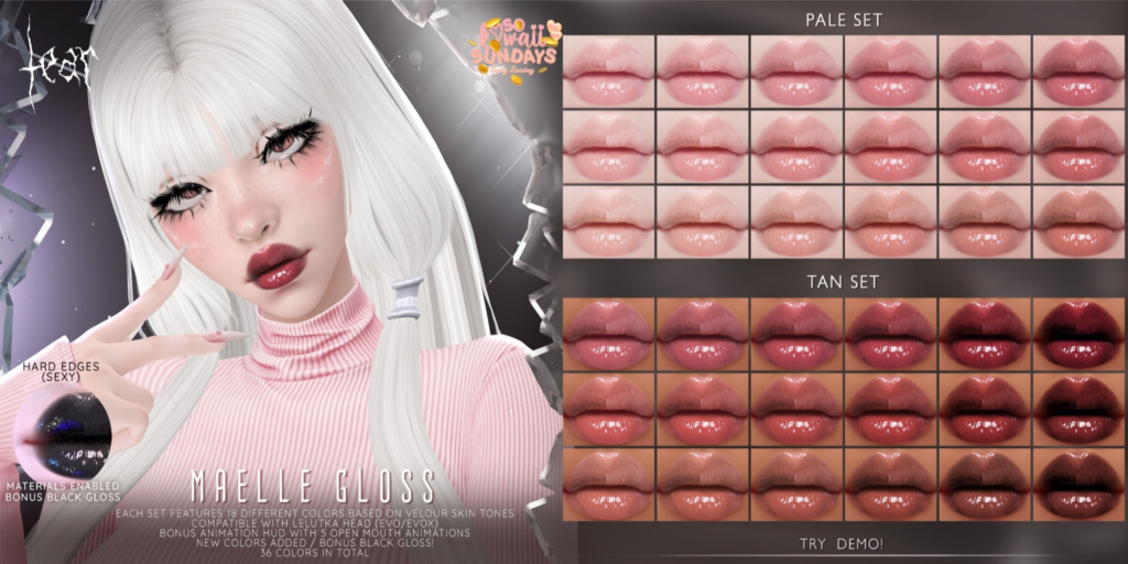 Maelle Gloss Lipstick - Evo/EvoX	&lt;a href=&quot;http://maps.secondlife.com/secondlife/Hashira/150/190/3&quot; target=&quot;_blank&quot;&gt;Teleport&lt;/a&gt;