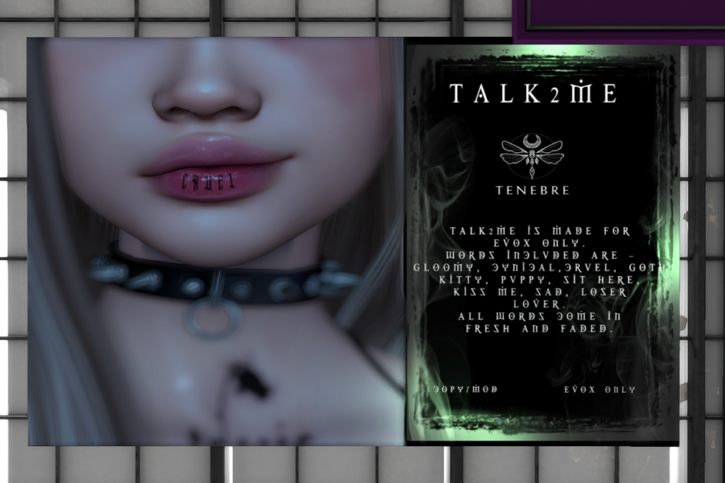 Talk2Me - EvoX	&lt;a href=&quot;http://maps.secondlife.com/secondlife/Nocturnal%20Collective/120/126/29&quot; target=&quot;_blank&quot;&gt;Teleport&lt;/a&gt;