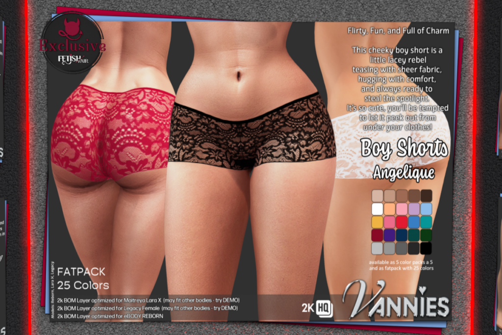 Angelique Boy Shorts - BOM for Legacy/MaitreyaX/Reborn, L$199 each/L$599 FP