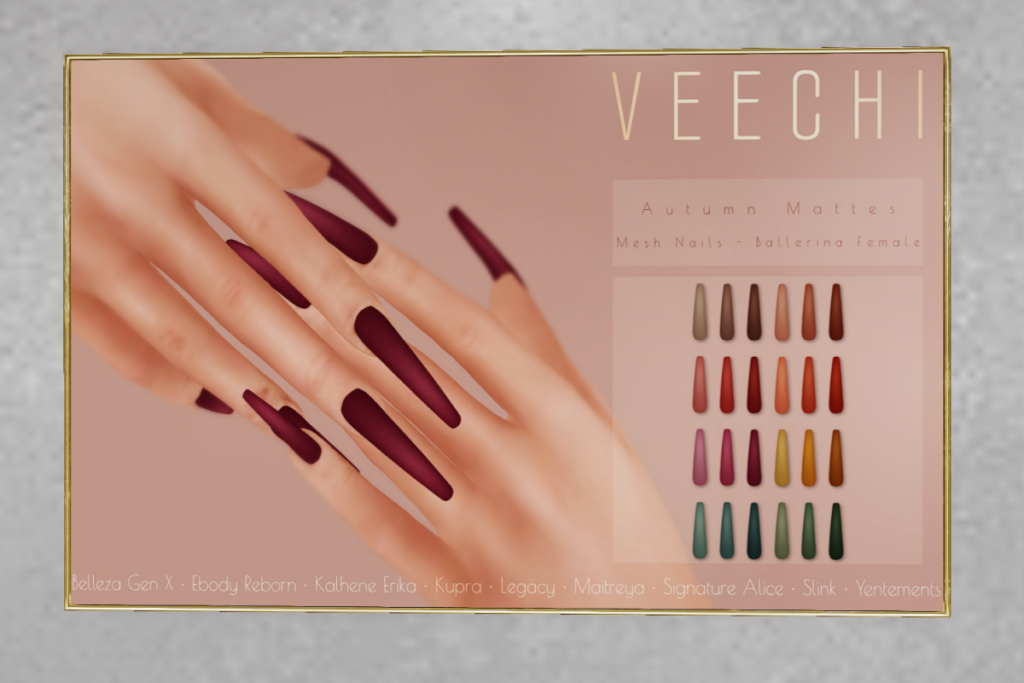 Autumn Mattes Mesh Nails Ballerina - See ad for fits	&lt;a href=&quot;http://maps.secondlife.com/secondlife/Impulse/75/77/22&quot; target=&quot;_blank&quot;&gt;Teleport&lt;/a&gt;