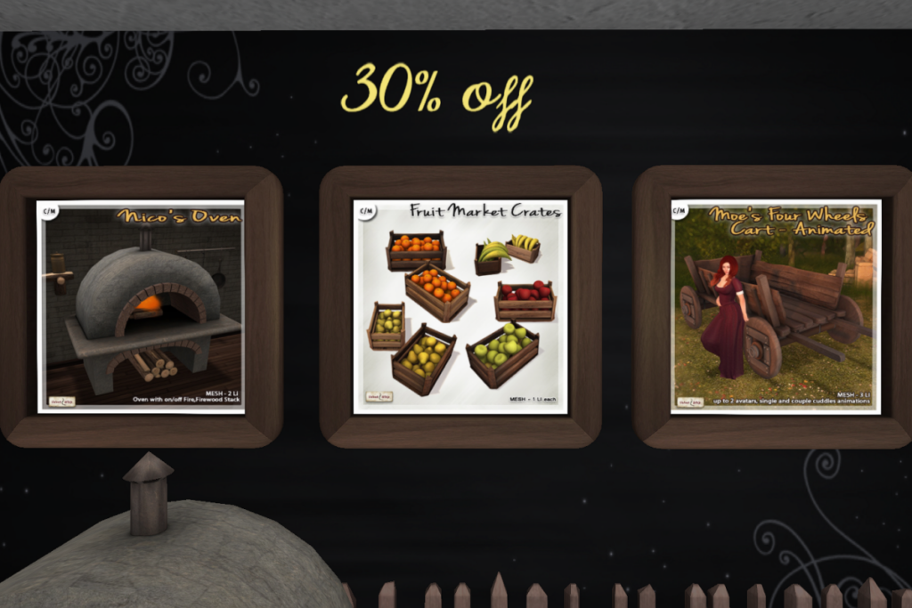 Nico&#039;s Oven, L$99 | Fruit Market Crates, L$179 | Moe&#039;s Four Wheel Cart, L$159