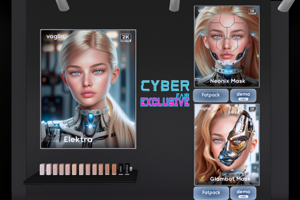 Elektra Skin - EvoX, L$699 each/L$1989 FP | Neonix Mask - EvoX, L$290 |  Glambot Masks - EvoX, L$349