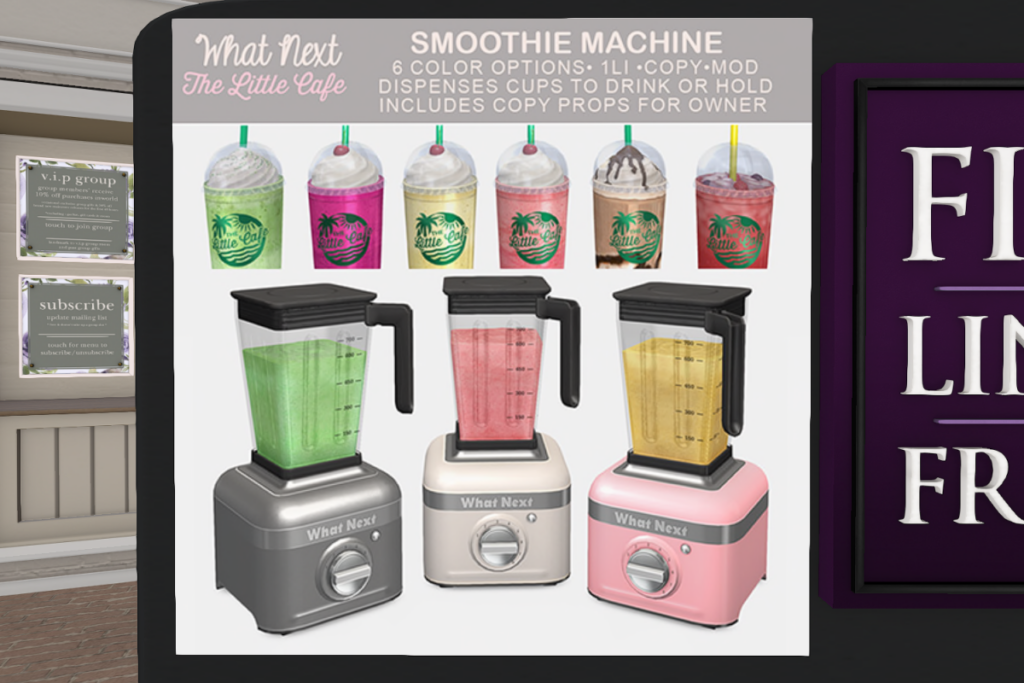Smoothie Machine	&lt;a href=&quot;http://maps.secondlife.com/secondlife/Hodgepodge/113/94/31&quot; target=&quot;_blank&quot;&gt;Teleport&lt;/a&gt;