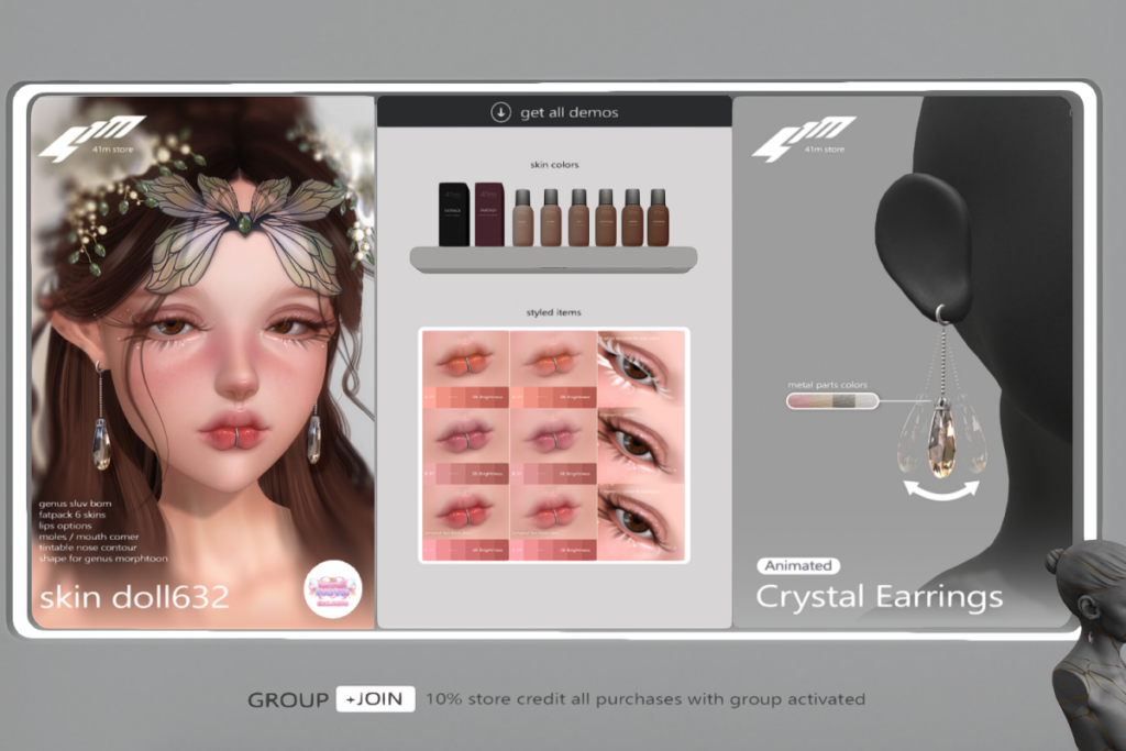 Doll632 Lips &amp; Skin - Genus, L$399 each/L$1099-L$2099 each FP | Animated Crystal Earrings - Genus, L$299