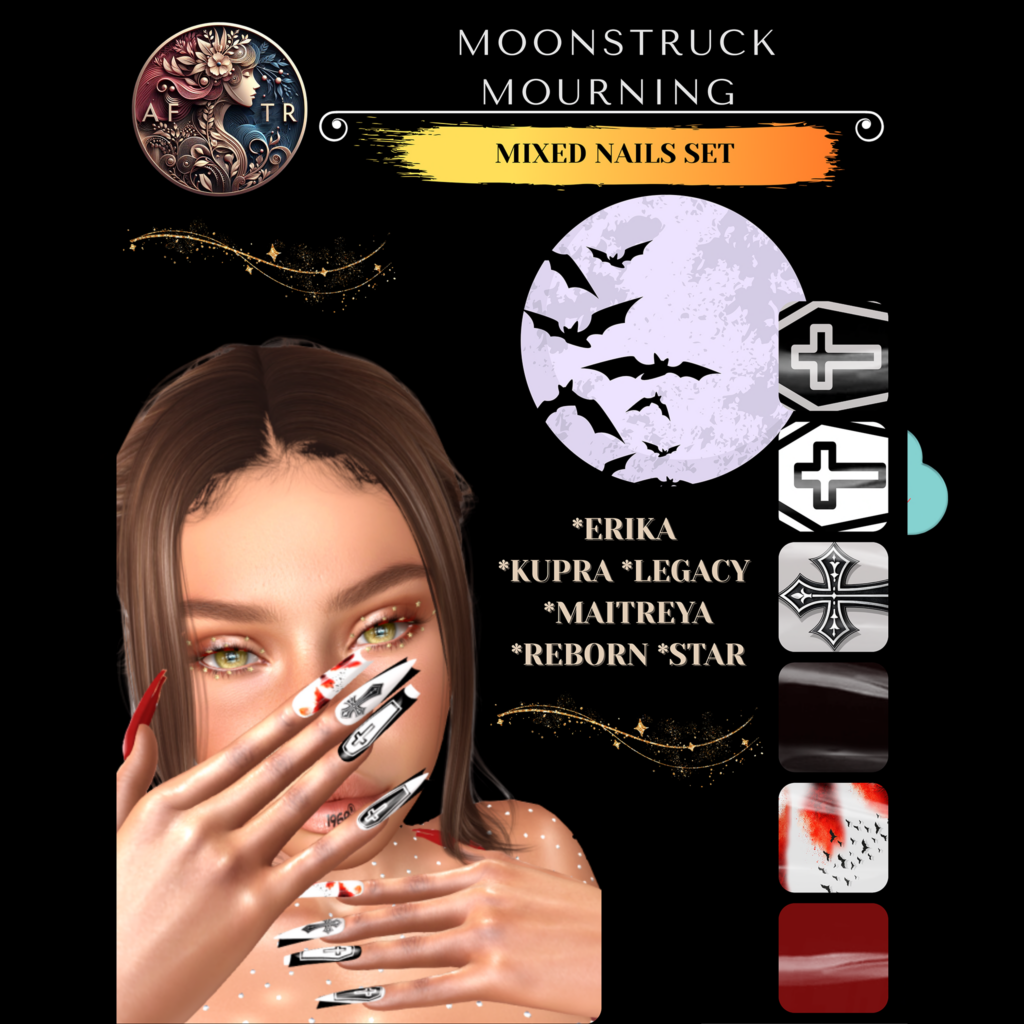 Moonstruck Mourning Mixed Nails Set - Erika/Inithium/Legacy/Maitreya/Reborn/Star, L$299	&lt;a href=&quot;http://maps.secondlife.com/secondlife/Fashion%20Boulevard%20II/14/237/1801&quot; target=&quot;_blank&quot;&gt;Teleport&lt;/a&gt;