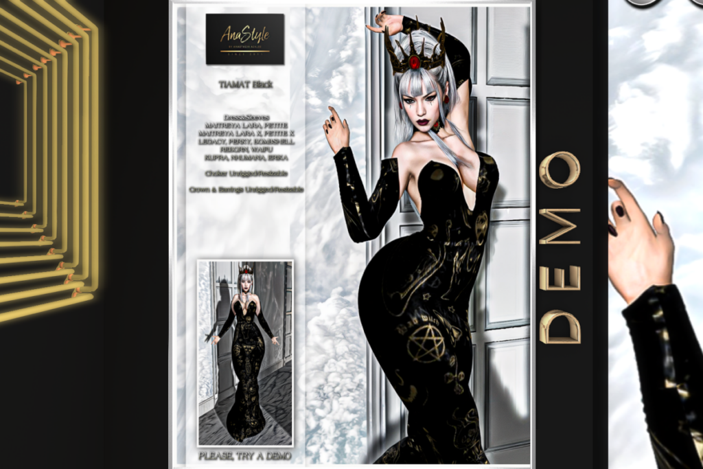 Tiamat Dress, Choker, &amp; Crown with Earrings - Erika/Inithium/Legacy/Maitreya/Nhumana/Reborn/+mods, L$150-L$199 each/L$840 FP